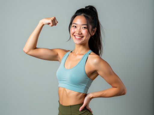 스포츠 브라를 입은 미소 짓는 여성