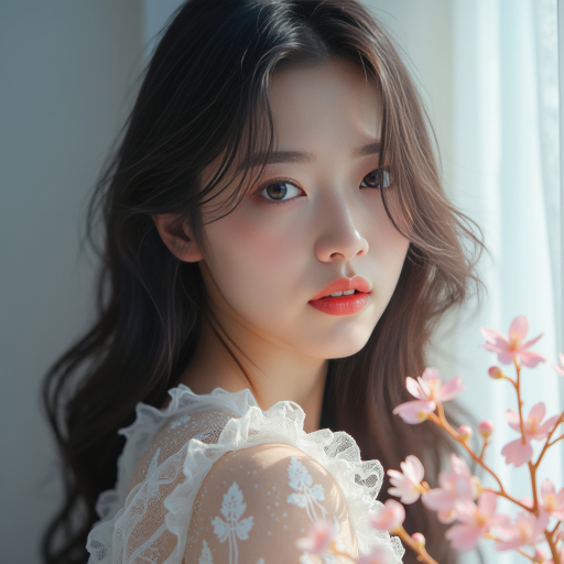 레이스 상의 젊은 여성과 벚꽃