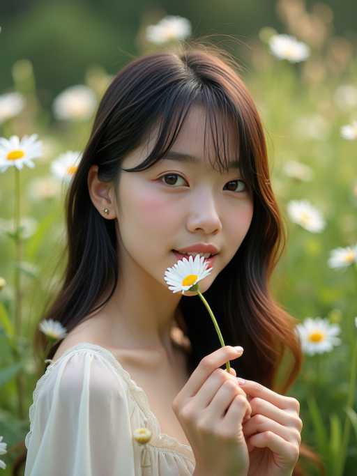 장미를 들고 있는 젊은 여성