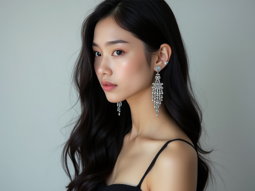 긴 머리와 귀걸이를 한 여성의 초상화.